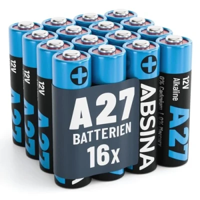 Bild av ABSINA 16 x 27 A 12 V batteri för garageportsöppnare och mycket mer alkaliskt mini läckagesäker med lång hållbarhet MN27 V, A27A batterier, LR27A, A27