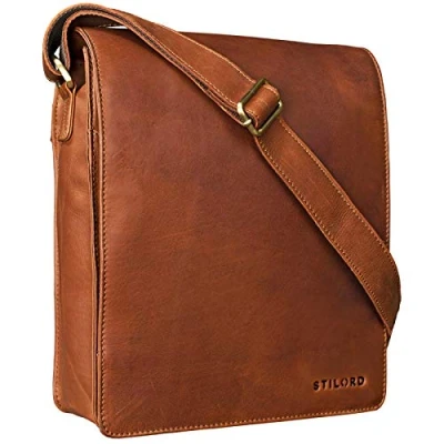 Bild av STILORD &#039;Lars&#039; vintage messengerväska män för 13,3 tum Macbooks crossbody väska vertikal skolväska A4 dokument äkta läder, Cognac brun