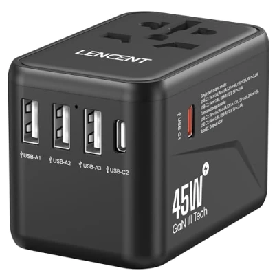 Bild av LENCENT 45W Snabb Laddning Universal Reseadapter över Hela världen, GaN III Internationell Travel Adapter med 3 USB A &amp; 2 C PD, Socket Worldwide för DE USA UK IT AUS CN, Typ C/G/A/I, Svart