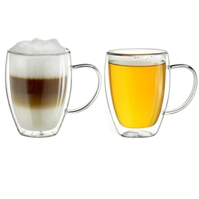 Bild av Creano dubbelväggigt termoglas med handtag 400 ml, stort dubbelväggsglas av borosilikatglas, kaffeglas, teglas, latteglas, sats om 2