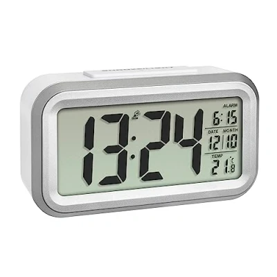 Bild av TFA Dostmann LUMIO Plus digital trådlös väckarklocka med temperatur, 60.2553.02, automatisk nattbelysning justerbar, LCD skärm, datum inklusive radioklocka, vit/silver
