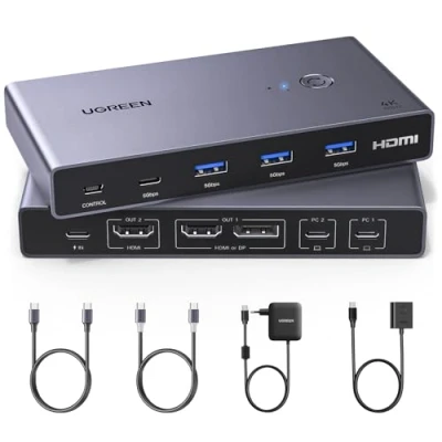 Bild av UGREEN USB C KVM switch 2 PC bildskärmar, ingångar utgångar med 4 3.0 portar, 4K@60 Hz, bärbara datorer delar två tangentbord, mus, hårddisk, skrivare PD100W