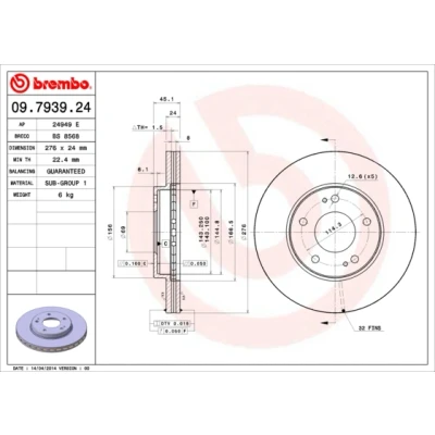Bild av BREMBO 09.7939.24 Disque de frein 276 24 5 ventilé l&#039;intérieur MITSUBISHI: ECLIPSE 2, Space Wagon III