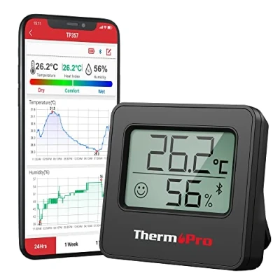 Bild av ThermoPro TP357B 80 m bluetooth, hygrometer, inomhustermometer för inomhusbruk med APP Mini, luftfuktighetsmätare smiley indikator, datagrafik kontor, vinkällare, växthus, svart