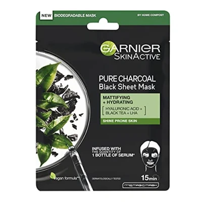 Bild av Garnier Ren träkol och svart temask, renande återfuktande ansiktsmask med hyaluronsyra, LHA &amp; teextrakt, mattifierar glansbenägen hud, biologiskt nedbrytbar vegansk vävnad 28 g