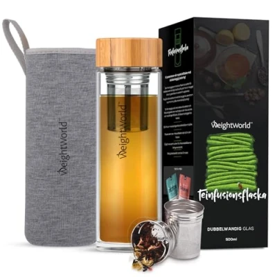 Bild av Teflaska med sil 500 ml dricksflaska tillverkad av borosilikatglas BPA fri och blyfri Termosglasflaska tesil i rostfritt stål, bambulock fodral Presentförpackning WeightWorld