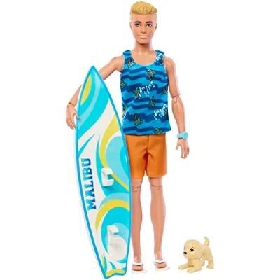 Bild av Ken docka med surfbräda och hundvalp, ställbar blond Barbie stranddocka tematillbehör som en handduk HPT50