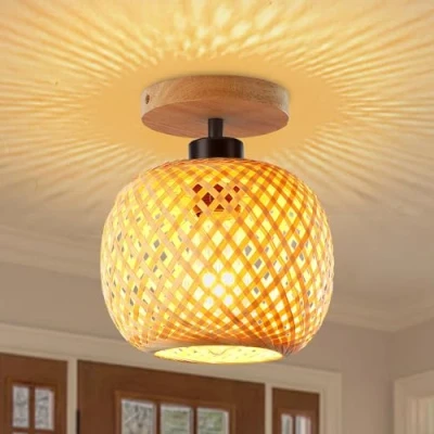 Bild av Schindora Bambu Taklampa, Mini Size Boho Semi Flush Mount Handgjord Rotting Trä Lampskärm, Bondgård ljusarmaturer för sovrum barnkammare Hall Korridor Passway