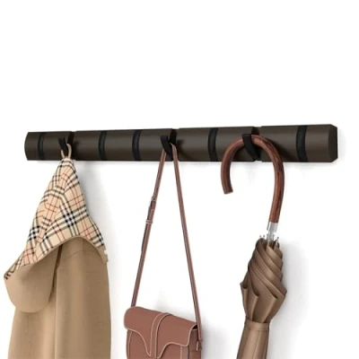 Bild av Umbra Flip 8 krok väggmonterad klädställ, modern, elegant, platsbesparande klädhängare med infällbara krokar för att hänga rockar, halsdukar, plånböcker och mer, svart/valnöt