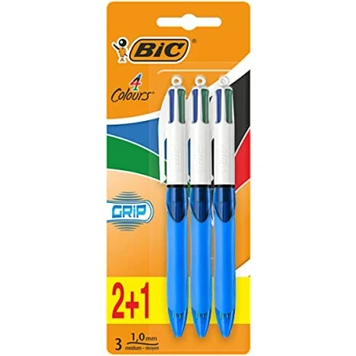 Bild av BIC 4 färger infällbara kulspetspennor, medium punkt (1,0 mm) skrivpennor varje dag med extra komfortgrepp, blå, 3 pack