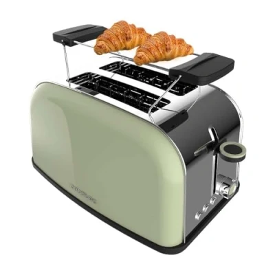 Bild av Cecotec Vertikal Brödrost Toastin&#039; Time 850 Green. 850W Effekt, Dubbel Kort Kortplats Och 3,8 Cm Bred Spår, Övre Stänger, Rostfritt Stål, Automatisk Avstängning Pop Up, Smuluppsamlare