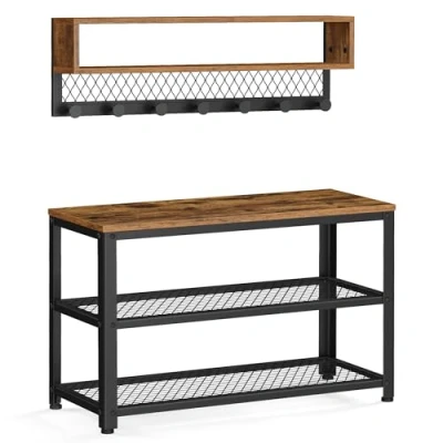 Bild av VASAGLE klädhängare och skobänk, 2 hyllad entréenhet, multifunktionell, rundade klädkrokar, industriell stil, för entré, hall, rustik brun LCR073K01