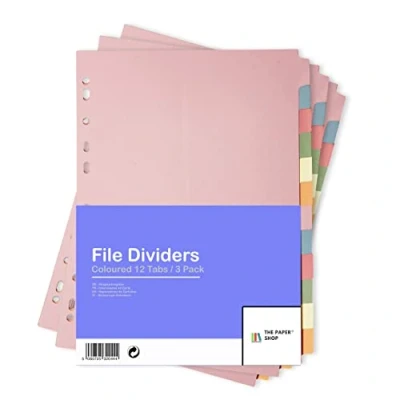 Bild av [3 pack] A4 fildelare 12 delar ämnesavdelare, kortmappavdelare, flera hål stansade i blandade färger Passar alla porträttfildelare (3)