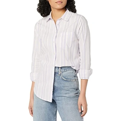 Bild av Amazon Essentials dam klassisk passform långärmad poplin skjorta med knappar, lila vit brokig rand, XX Large