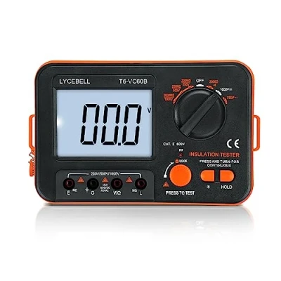 Bild av LYCEBELL digital isolationsresistanstestare, megohmmeter, 0,1 200 MΩ, 250V/500V/750V/1000V testspänning, med datahållning och bakgrundsbelyst display