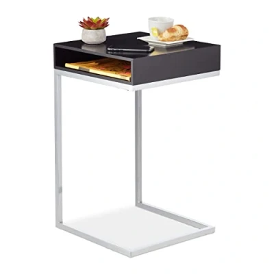 Bild av Relaxdays Sidobord, C form, HBT: 63 x 37 38 cm, soffbord för skillnader, MDF och metall, förvaringsfack, svart/silver