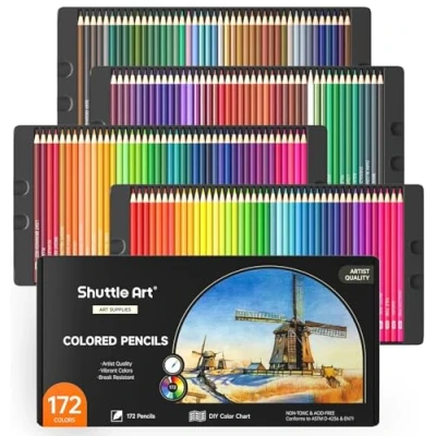 Bild av Shuttle Art Set med 172 färgpennor, mjuka kärnfärgade pennor för vuxna målarböcker konstnär ritning skissa hantverk, färgpenna paket, rittillbehör konstnärer