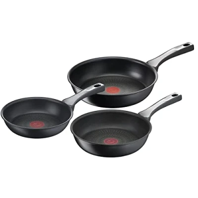 Bild av TEFAL G2599102 Unlimited Stekpannor Set Svart 3 Delar 20 24 &amp; 28 CM Extremt Tålig 100% Säker Non Stick Titanium Beläggning Thermo Signal™ Fusion™