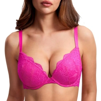 Bild av DOBREVA Push up bh med spets för kvinnor Sexy Plunge Vadderad bygelhållare Stödbehå Lift Glitter Pink 80B