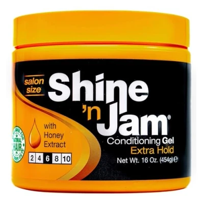Bild av Ampro Shine n Jam Maximum Hold infunderad med honungsextrakt till styvt hår perfekt för tamfrning, panonytails, mjuka väv och flätor keeps fast non Greasy 454 g