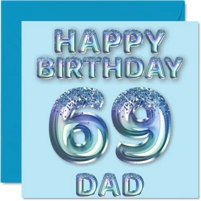 Bild av 69:e födelsedagskort för pappa blå glitter festballonger grattis på 69 år gammal far från son dotter, 145 mm x födelsedag gratulationskort present