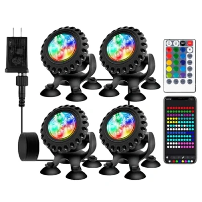 Bild av LED dammbelysning under vattnet, poolljus med fjärrkontroll och Bluetooth app, RGB IP68, vattentät sugkopp, perfekt för pool, vattenfall, trädgårdsdamm, akvarium (4 i 1)