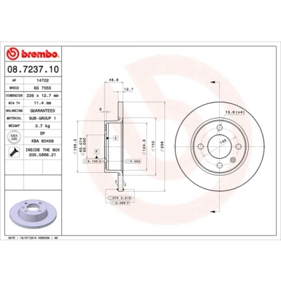 Bild av BREMBO 08.7237.10 Disque de frein 236 12,7 4 plein avec vis/boulons