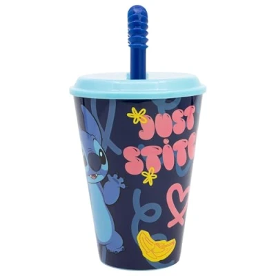 Bild av Disney Stitch barnplastkopp 430 ml, BPA fri, återanvändbar och tvättbar, med sugrör lock