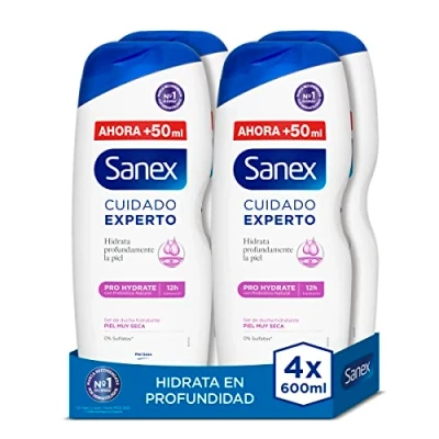 Bild av Sanex Expertvård Pro Hydrate Duschgel, 4 pack x 600 ml, naturlig prebiotisk formel, återfuktar huden djupt, 12 tim. Återfuktande, 0% sulfater, för mycket torr hud