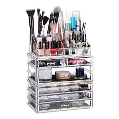 Bild av Relaxdays, transparent/guld kosmetisk organiserare med 6 lådor, 22 fack makeupsorganisatör, smink förvaring akryl, 1