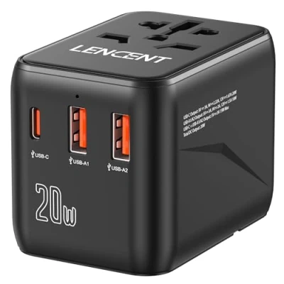 Bild av LENCENT Universal Reseadapter över Hela världen, Allt i Ett Internationell Travel Adapter med 2 USB &amp; Type C PD 20W, Socket Worldwide för 200+Länder DE USA UK IT AUS CN JP, Typ C/G/A/I, Svart