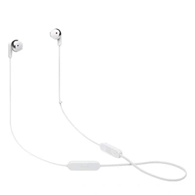 Bild av JBL Tune 215 Trådlösa bluetooth hörlurar med mikrofon 3 knappar fjärrkontroll och platt kabel vit