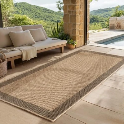 Bild av SIMPEX Inomhus &amp; Utomhusmatta robust, väderbeständig och lättskött, med naturlig jute look, perfekt för vardagsrum, kök, terrass, trädgård balkong, 80x150 cm