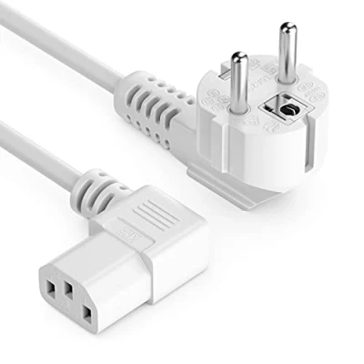 Bild av deleyCON 3,0m IEC Kabel Nätkabel Strömkabel Ström Skyddskontakt Kontakt Typ F (CEE 7/4) 90 Vinklad till Anslutning C13 Uttag Höger PC Datorskärm Skrivare Vit