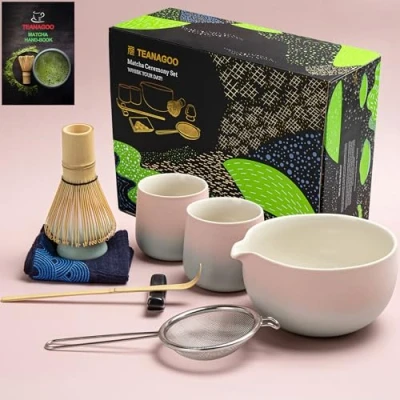 Bild av TEANAGOO matcha set visp skål med hällpip scoop visphållare tetillverkningskit. 1 japansk tesats (7 st) + 2 koppar (8 oz), S11, Gradient rosa