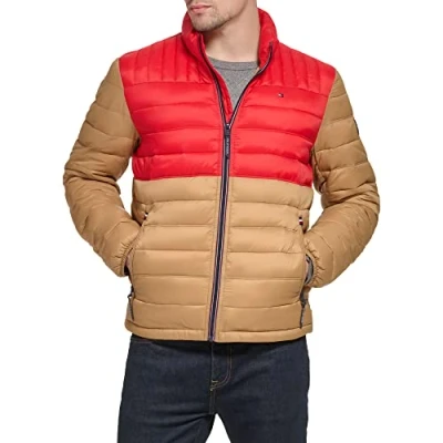 Bild av Tommy Hilfiger Ultra Loft packbar buffertjacka för män, dunalternativ, kappa, kaki/röd, XXL, Khaki/röd, XXL
