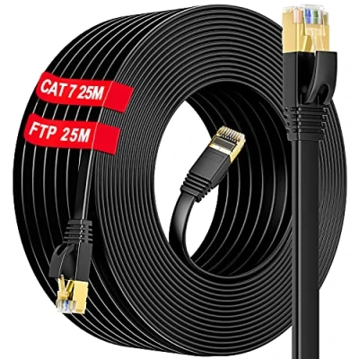 Bild av Nätverkskabel 25m Ethernet Kabel Platt Cat7 Lan Höghastighets RJ45 Cable 10Gbps 650MHz Vit Internetkabel 25 Meter Kompatibel med Cat6 Cat5 Patchkabel för PS5 Router Modem(25 Clips)