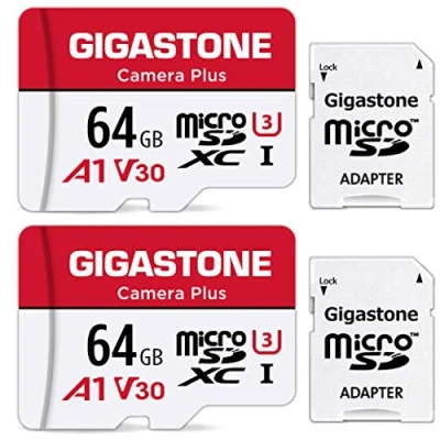 Bild av GIGASTONE 64 GB Micro SD kort 2 pack, kamera Plus, MicroSDXC minneskort för Wyze Cam, säkerhetskamera, smartphone, Fire Tablet, 4K videoinspelning, UHS I U3 A1 V30, 95 MB/s, med adapter