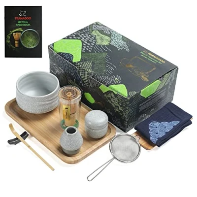 Bild av TEANAGOO Matcha Teservis, Japansk Skål, Bambu Visp, Scoop, Sifter, Visphållare, Vispställ, Vispset O5, Grönt Te Pulver Kit. tebricka