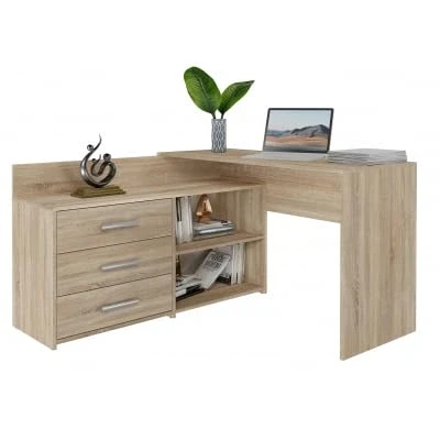 Bild av KOBI Hörnskrivbord för kontor, rum, arbetsrum Modernt skrivbord med 3 lådor (ek sonoma)