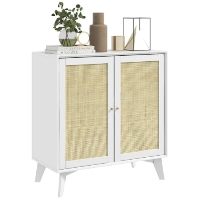 Bild av HOMCOM Buffet låg, Möbler, Förvaringsmöbler, Bohemisk Design, Dubbla Dörrar med 2 Nivåer, Köksbuffé Rottingfront, 80 x 40 85 cm, Vit