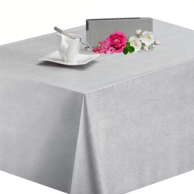 Bild av KP HOME Lyxig linne look PVC avtorkningsbar bordsduk rektangulär 250 x 140 cm / 98 55 tum torkbar upp till 8 säten vattentät plast kök vinyl vaxduk elegant vanlig silver, grå