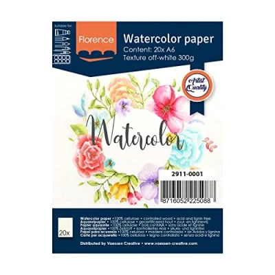 Bild av Florence 2911 0001 Akvarellpapper A6 i Elfenbensvit, av 300 g/M² Strukturerat Papper, 20 Ark för Akvarellmålning, Textning och PenselbokStäver, Stycken