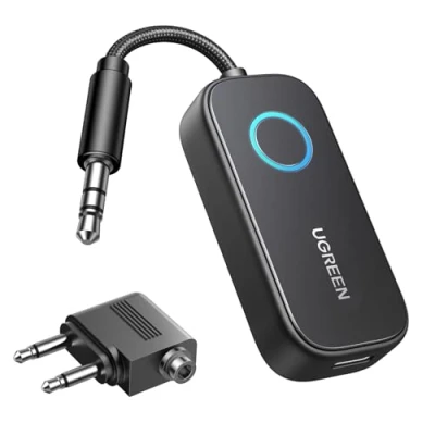 Bild av UGREEN Aircraft Bluetooth 5.2 sändare med extra dubbel 3,5 mm AUX adapter, adapter för två hörlurar, som Airpods, 2 i 1 och mottagare kompatibel TV, stereoanläggning