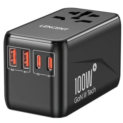 Bild av LENCENT 100W Snabb Laddning Universal Reseadapter över Hela världen, GaN III Internationell Travel Adapter med 2 QC4.0 USB A+2 PD3.0 Typ C, Socket Worldwide för DE USA UK, C/G/A/I, Svart