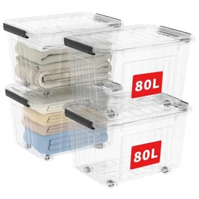 Bild av cetomo, 80 l x 4,4 pack, förvaringslåda med lock, förvaringslådor, klämmor, stapelbar, vardagsrum, sovrum, livsmedelssäker, stängningsklämmor, nyumaterial plastlåda transparent