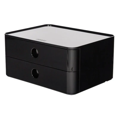 Bild av HAN Allison Smart Box med 2 lådor och skiljevägg, kabeldragning, stapelbar, redskapslåda för kontor, skrivbord kök, möbelvänliga gummifötter, 1120 13, högglansig svart