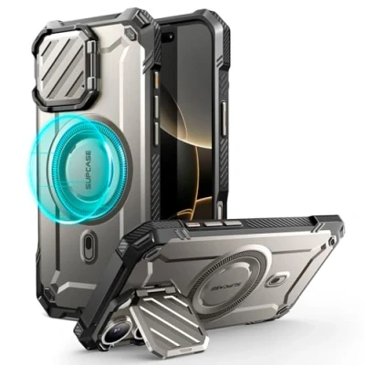 Bild av SUPCASE Fodral för iPhone 16 Pro 6.3‘’ 2024 med Kamerahölje (UBMag XT), [MagSafe kompatibel] [Inbyggt Stativ] Slitstarkt Magnetfodral (Titangrå)