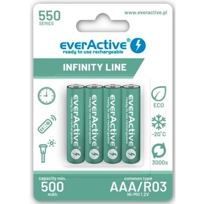 Bild av everActive Batteri AAA 550 mAh 4 stycken, NI MH, Mini R03, uppladdningsbar, förladdad, Infinity Line 1,2 V, 1 blisterkort, grön, EVHRL03