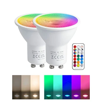 Bild av REYLAX GU10 6W LED Lampor, RGB + Varmvit, Spotlight Med Färgbyte, 12 Färger 5 Lägen, Minnesaktivering, Dimning Infraröd Fjärrkontroll, 2pcs